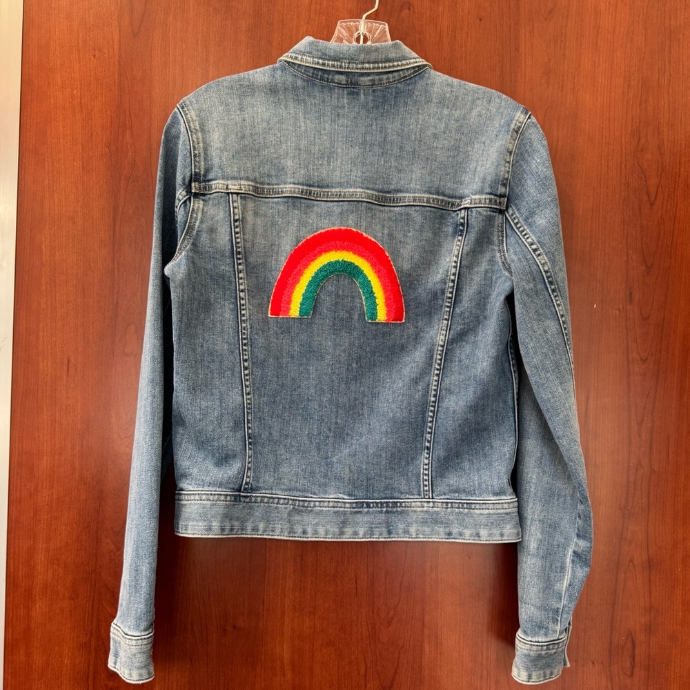 CrewCuts Denim Jacket Size 16 Rainbow Embroidery On Back Stretch Denim Jacket